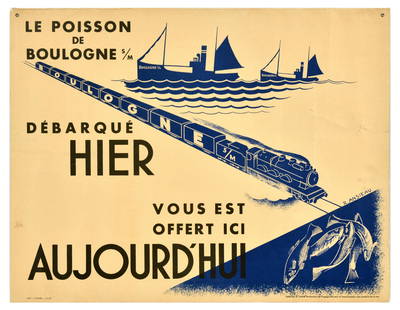 Advertising Poster France Le Poisson De Boulogne Fish: Original vintage advertising poster for Boulogne Fish / Le Poisson de Boulogne , featuring an illustration of fishing ships on the water and a steam train speeding across the image towards