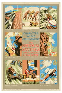 Advertising Poster National Savings Character Wins Achievement: Original vintage advertising poster - Character wins achievement. The National Savings Habit develops character - featuring illustrations depicting a railway train, men walking through a snow