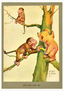 Advertising Poster Lawson Wood Kiss Her For Me Monkey Bear: Original vintage humorous poster titled Kiss Her For Me by an English painter, illustrator and designer Lawson Wood (1878-1957) featuring a fun and colourful illustration depicting a monkey giving a