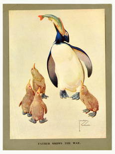 Advertising Poster Lawson Wood Father Shows The Way Penguin: Original vintage humorous poster titled Father Shows The Way by an English painter, illustrator and designer Lawson Wood (1878-1957) featuring a fun and colourful illustration depicting a penguin