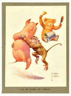 Advertising Poster Lawson Wood See Me Dance the Porker Funny: Original vintage humorous poster titled See Me Dance The Porker by an English painter, illustrator and designer Lawson Wood (1878-1957) featuring a fun and colourful illustration depicting a monkey
