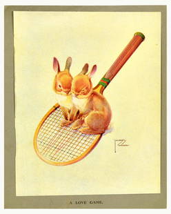 Advertising Poster Lawson Wood A Love Game Tennis Bunnies: Original vintage humorous poster titled A Love Game by an English painter, illustrator and designer Lawson Wood (1878-1957) featuring a fun and colourful illustration depicting a couple of rabbits