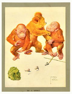 Advertising Poster Lawson Wood Be a Sport Snail Race Chimpanzee: Original vintage humorous poster titled Be a Sport by an English painter, illustrator and designer Lawson Wood (1878-1957) featuring a fun and colourful illustration depicting a happy chimpanzee