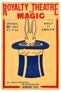 Advertising Poster Royalty Theatre Of Magic Mirth And Mystery Rabbit: Original vintage advertising poster for the Royal Theatre of Magic licensed by the Lord Chamberlain to F. Dudman Bromwich and Chris Charlton, featuring an illustration of a white rabbit peeping from