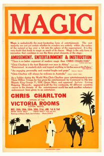 Advertising Poster Magic Chris Charlton Royal Illusionist: Original vintage advertising poster for a magic show by Chris Charlton at the Victoria Rooms, Clifton, Bristol, featuring an illustration of a man with a camel walking through a sandy desert with