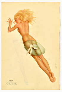 Advertising Poster Vargas Girls August July Pinup Calendar Model: Original vintage double-sided page from a calendar for August and July featuring an illustration by one of the most influential pin-up artists Joaquin Alberto Vargas y Chavez (1896-1982) depicting two