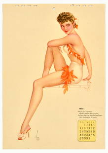 Advertising Poster Vargas Girls May Pinup Calendar Model: Original vintage page from a calendar The Varga Girl May featuring an illustration by one of the most influential pin-up artists Joaquin Alberto Vargas y Chavez (1896-1982) depicting a pin-up girl in