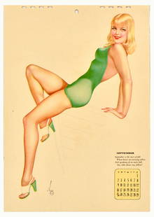 Advertising Poster Vargas Girls September Pinup Calendar Model: Original vintage page from a calendar The Varga Girl September featuring an illustration by one of the most influential pin-up artists Joaquin Alberto Vargas y Chavez (1896-1982) depicting a pin-up gi