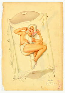 Advertising Poster Vargas Girls January February Pinup Calendar Baby Skater: Original vintage double-sided page from a calendar for January and February featuring an illustration by one of the most influential pin-up artists Joaquin Alberto Vargas y Chavez (1896-1982) depictin
