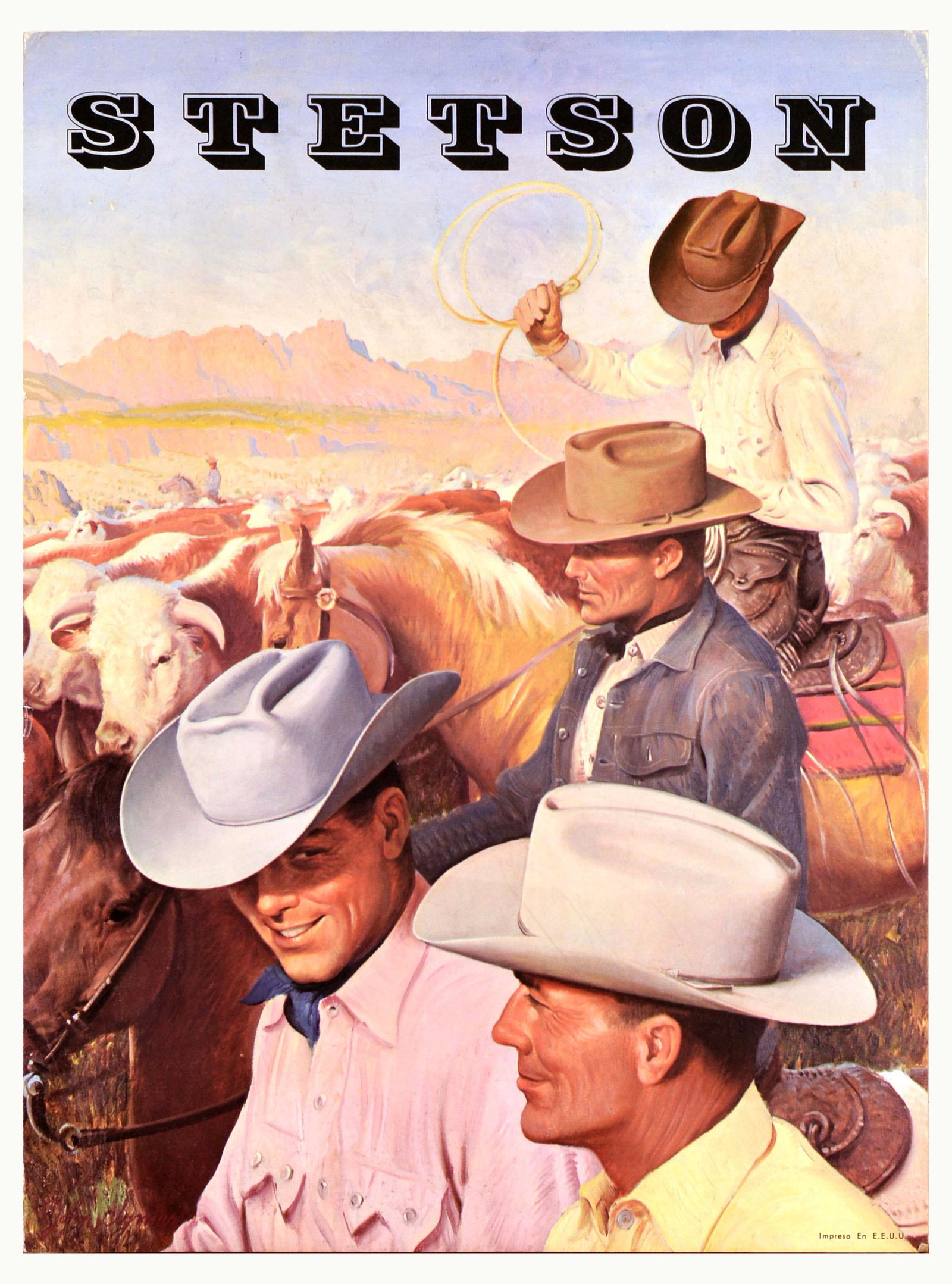 Advertising Poster Stetson Hats Cowboy Mens Fashion Western Style: Original vintage advertising poster for Stetson hats featuring a Western illustration painted by celebrated American West painter John Clymer (1901-1989) depicting cowboys in Stetson hats seen on hors