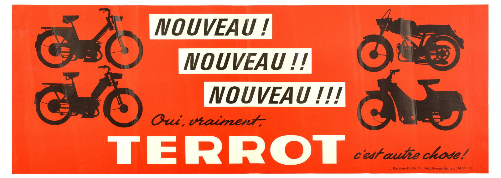 Advertising Poster Terrot Moped Motorcycle Bicyclette: Original vintage poster for the French manufacturer of motorcycles and bicycles Terrot based in Dijon in eastern France (founded 1887): New! Yes, really, Terrot is something else! / Nouveau! Oui, vrai