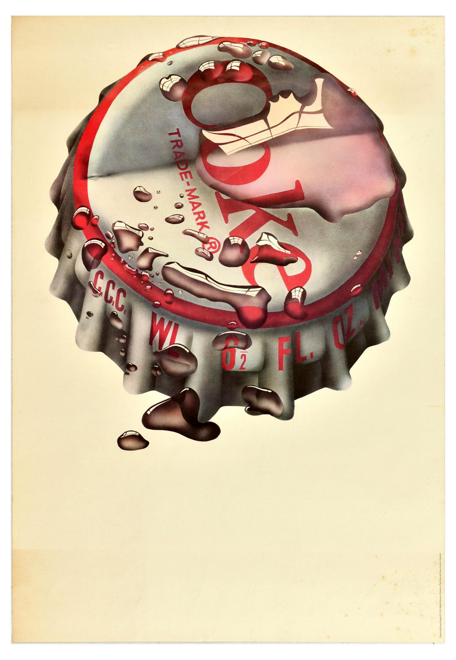 Advertising Poster Coke Bottle Cap Coca Cola Soda Pop Art: Original vintage advertising poster for Coke featuring a hyper realistic style image of the Coca-Cola bottle cap with water and reflections set over a light background. Design by British artist Michae