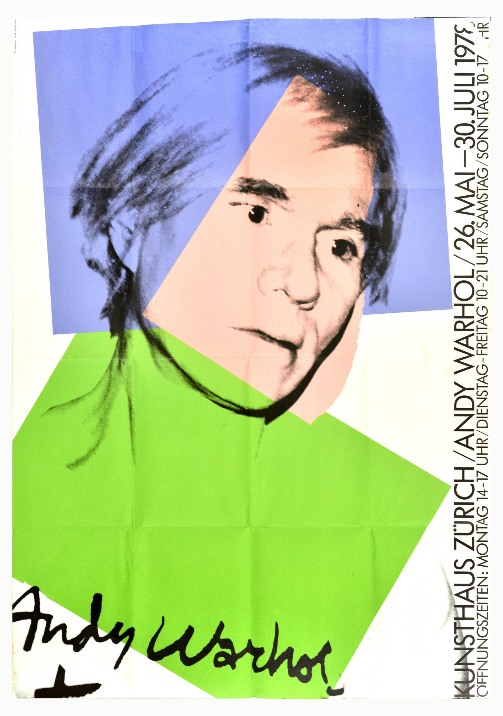 Advertising Poster Andy Warhol Kunsthaus Zurich Pop Art Exhibition: Original vintage advertising poster for Andy Warhol exhibition at Kunsthaus Zurich from 26 May to 30 July 1978, the poster features an image of the notable artist Andy Warhol (1928-1987) with blue and