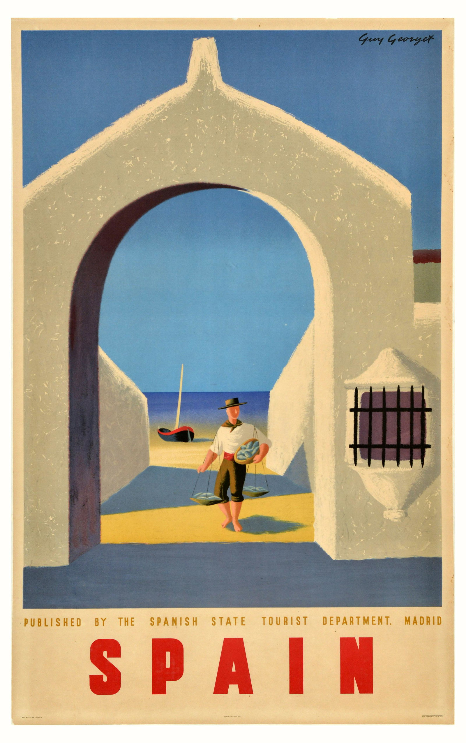Travel Poster Spain Fisherman Guy Georget Midcentury: Original vintage travel poster for Spain featuring a great mid-century modern design by Guy Georget (1911-1992) depicting a fisherman walking with from a boat by the sea with a white gate in the foreg