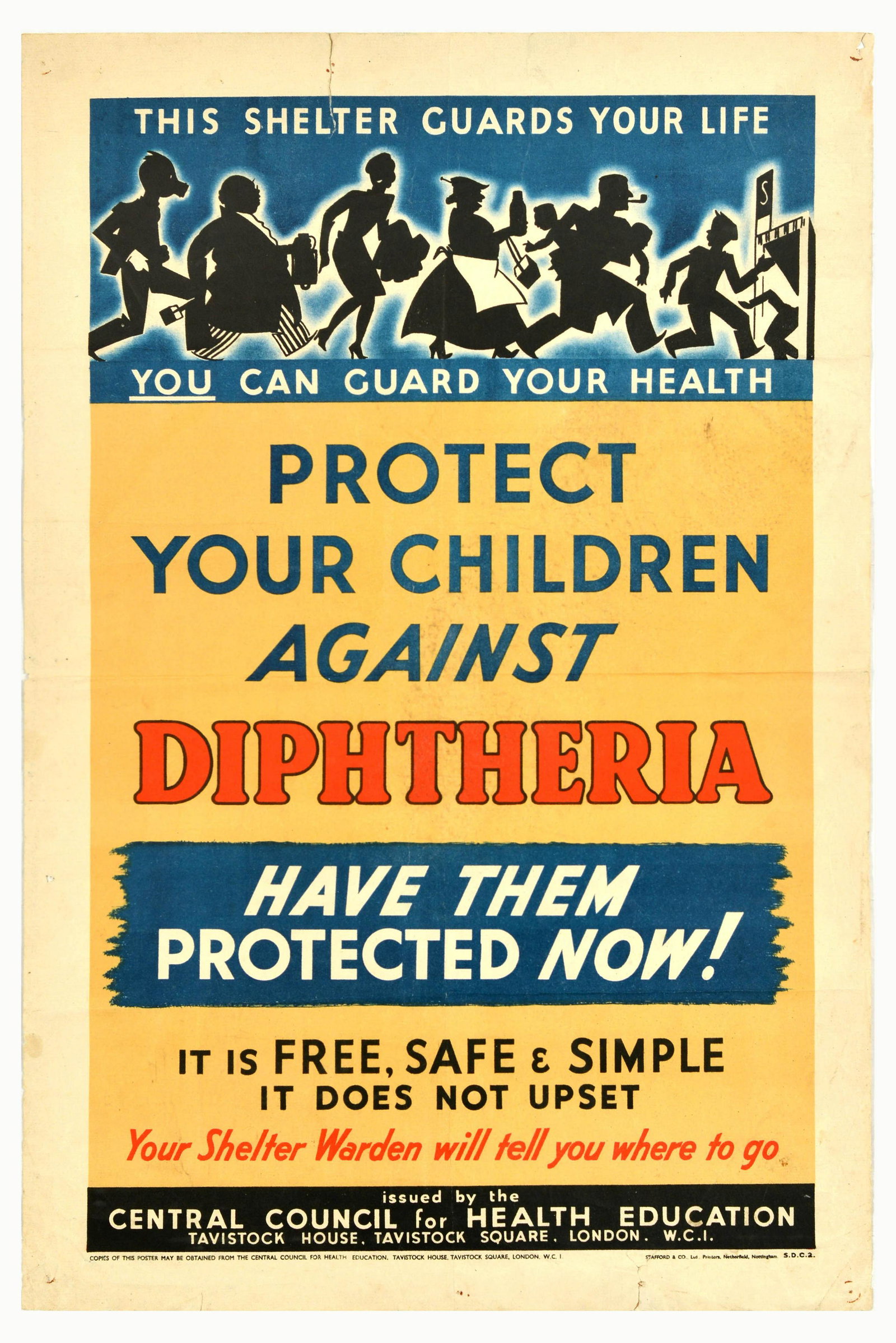 Propaganda Poster Diphtheria Shelter Health Education Hygiene WWII: Original vintage World War Two public health poster - Protect your children against Diphtheria. Have them protected now! It is free, safe & simple. It does not upset. Your Shelter Warden will tell you
