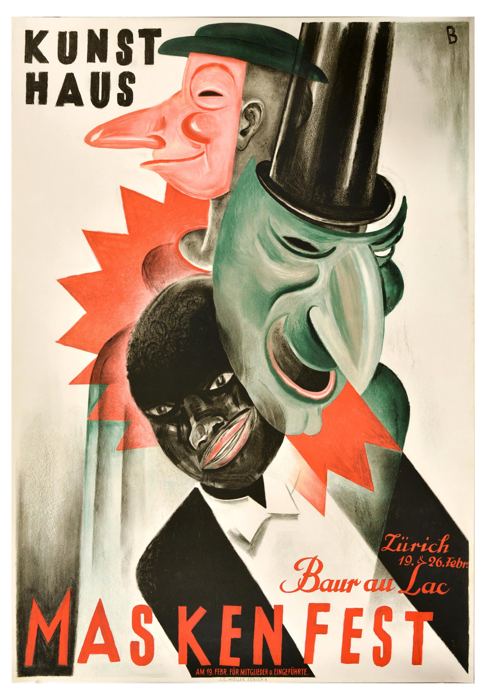 Advertising Poster Masquerade Art Deco Zurich Kunsthaus Maskenfest Masked Ball Baur Au Lac: Original vintage advertising poster for Kunst Haus Masken Fest in Zurich on 19 and 26 February at the Baur au Lac hotel, the poster features an illustration of gentlemen in red and green masks. Printe