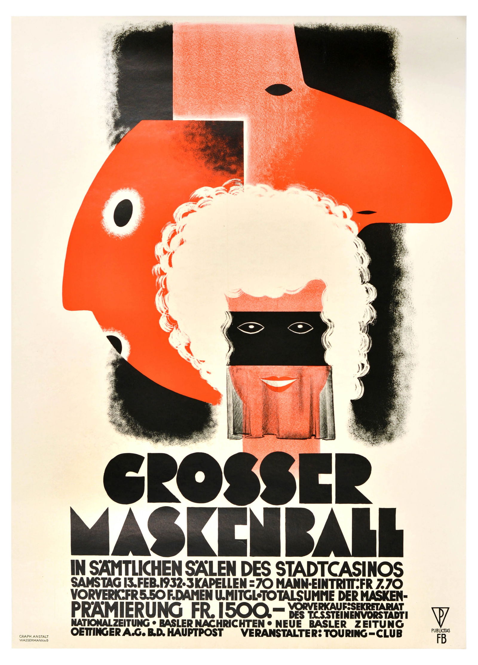 Advertising Poster Art Deco Masquerade Masked Ball Basel Casino Switzerland Grosser Maskenball: Original vintage advertising poster for the Big Masked Ball Grosser Maskenball in all the halls of the city casino featuring a fun image of a lady in a mask and a weil, and faces behind her set over a