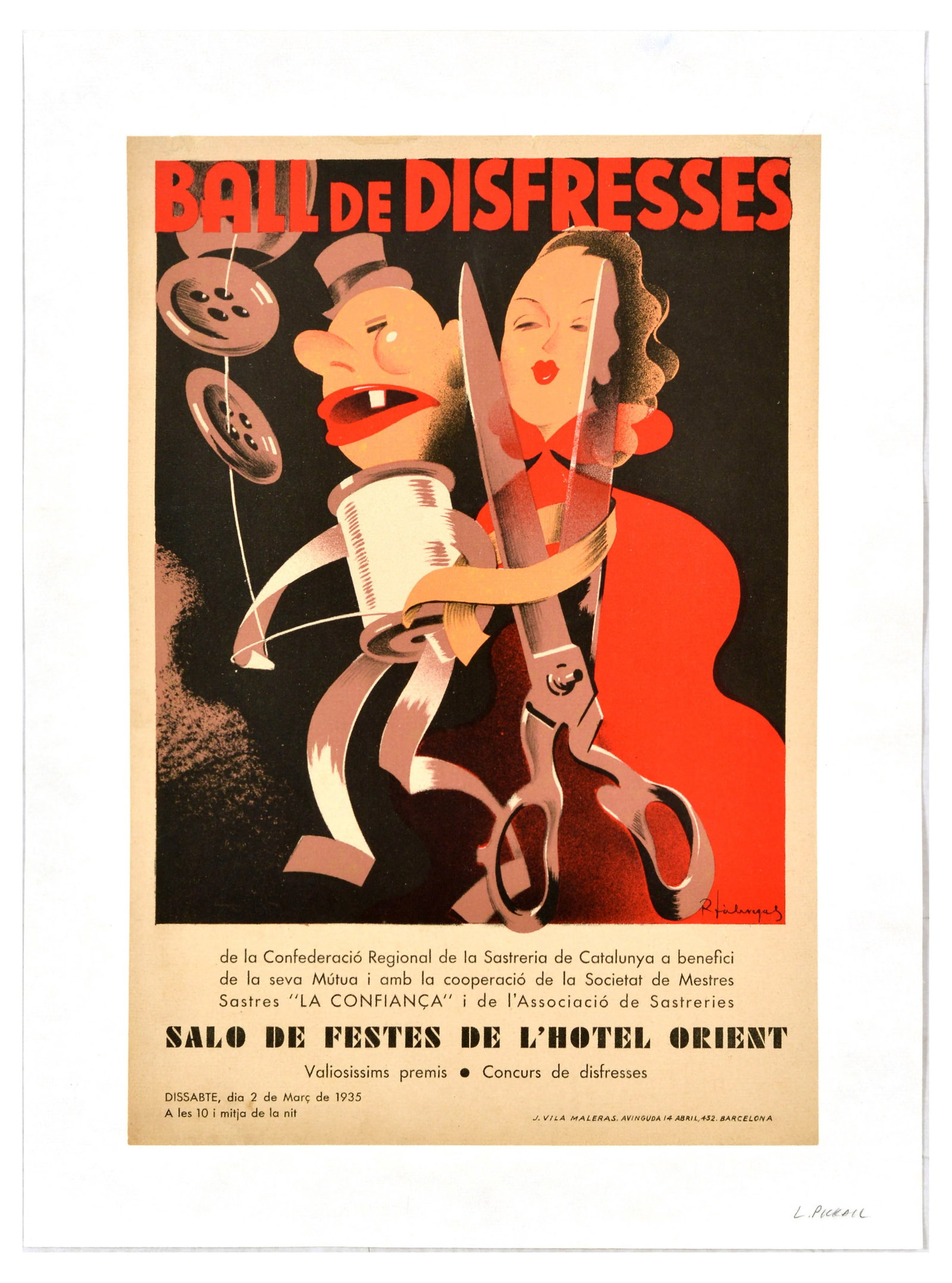 Advertising Poster Ball De Disfresses Costume Dance Catalan: Original vintage advertising poster for Ball de Disfresses costume dance on 2 March 1935 at the Hotel Orient Party Room, the regional Confederation of Tailoring in Catalonia for their mutual benefit a