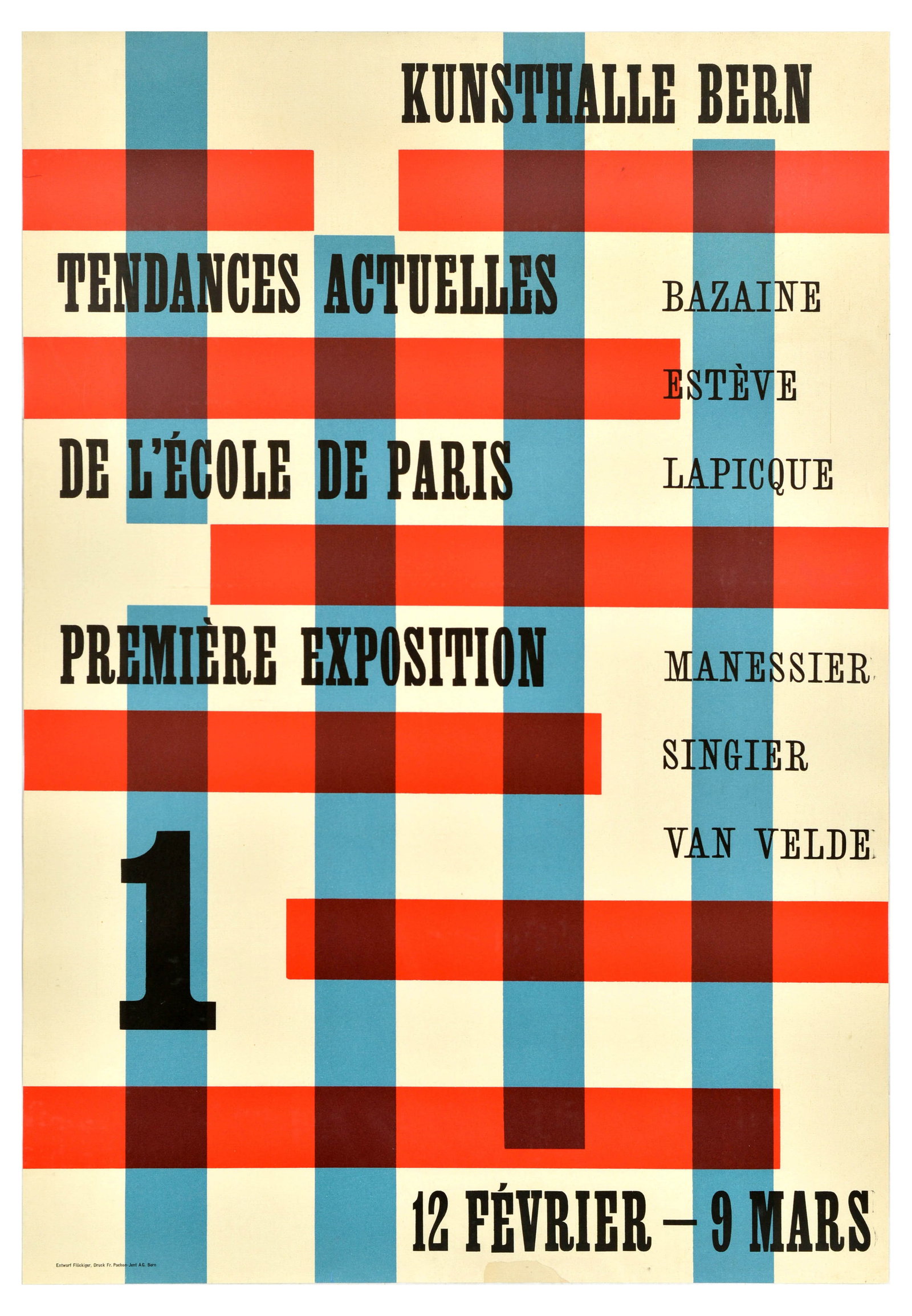 Advertising Poster Current Trends Paris School Bazaine Esteve Lapicque: Original vintage advertising poster for Current Trends from the School of Paris exhibition / Tendances Actuelles de l'Ecole de Paris at Kunsthalle Bern from 12 February to 9 March featuring works of B