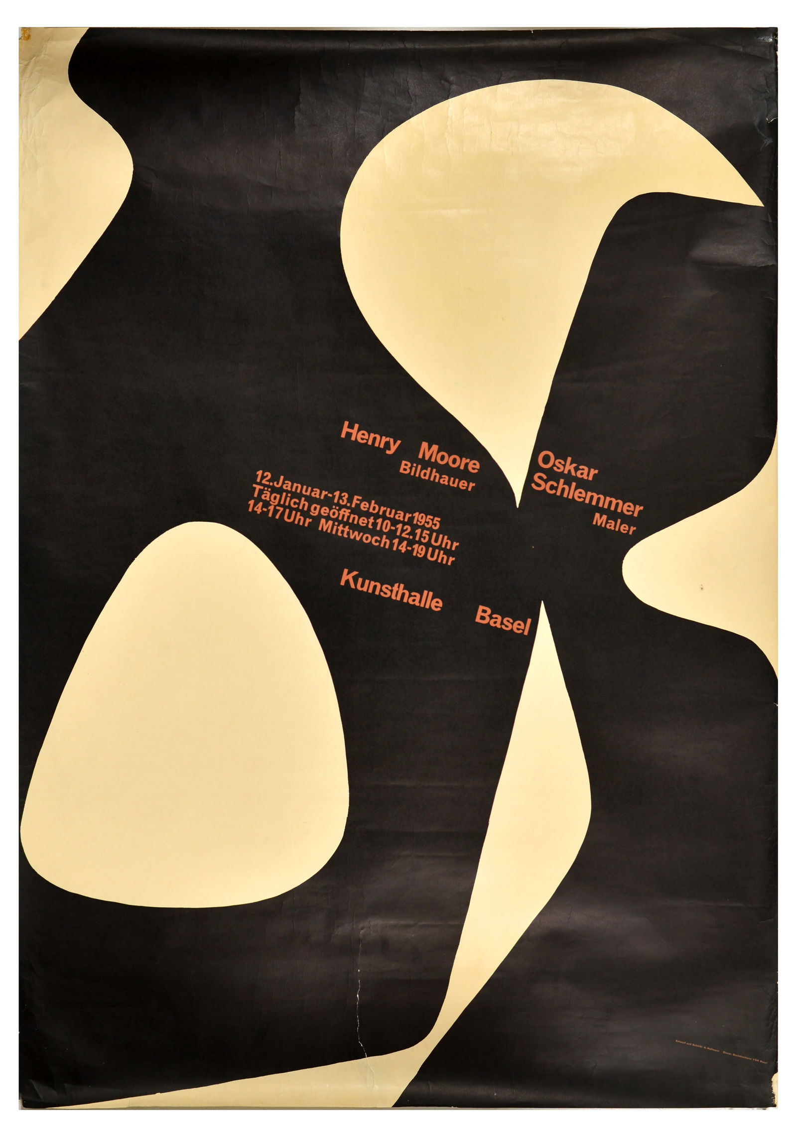 Advertising Poster Henry Moore Oskar Schlemmer Art Kunsthalle Basel: Original vintage advertising poster for Henry Moore and Oskar Schlemmer artwork exhibition at Kunsthalle Basel Arts Museum from 12 January to 13 February 1955, featuring an abstract black ad white sha