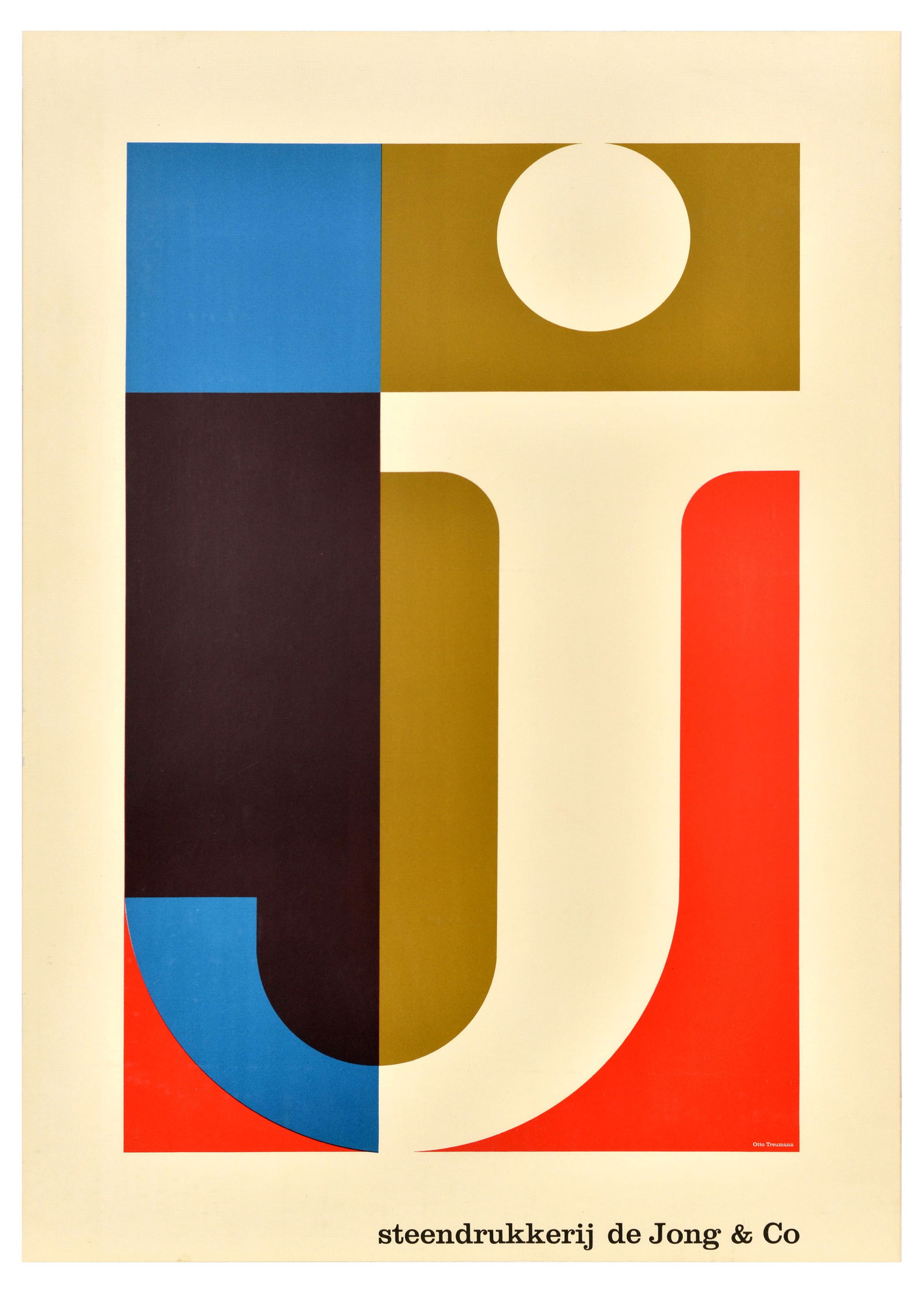 Advertising Poster Steendrukkerij De Jong and Co Otto Treumann Midcentury Modern: Original vintage poster designed by Otto Treumann (1919-2001) a German-born graphic designer who played an important role in Dutch post-war design, featuring an illustration of a large letter J set ov
