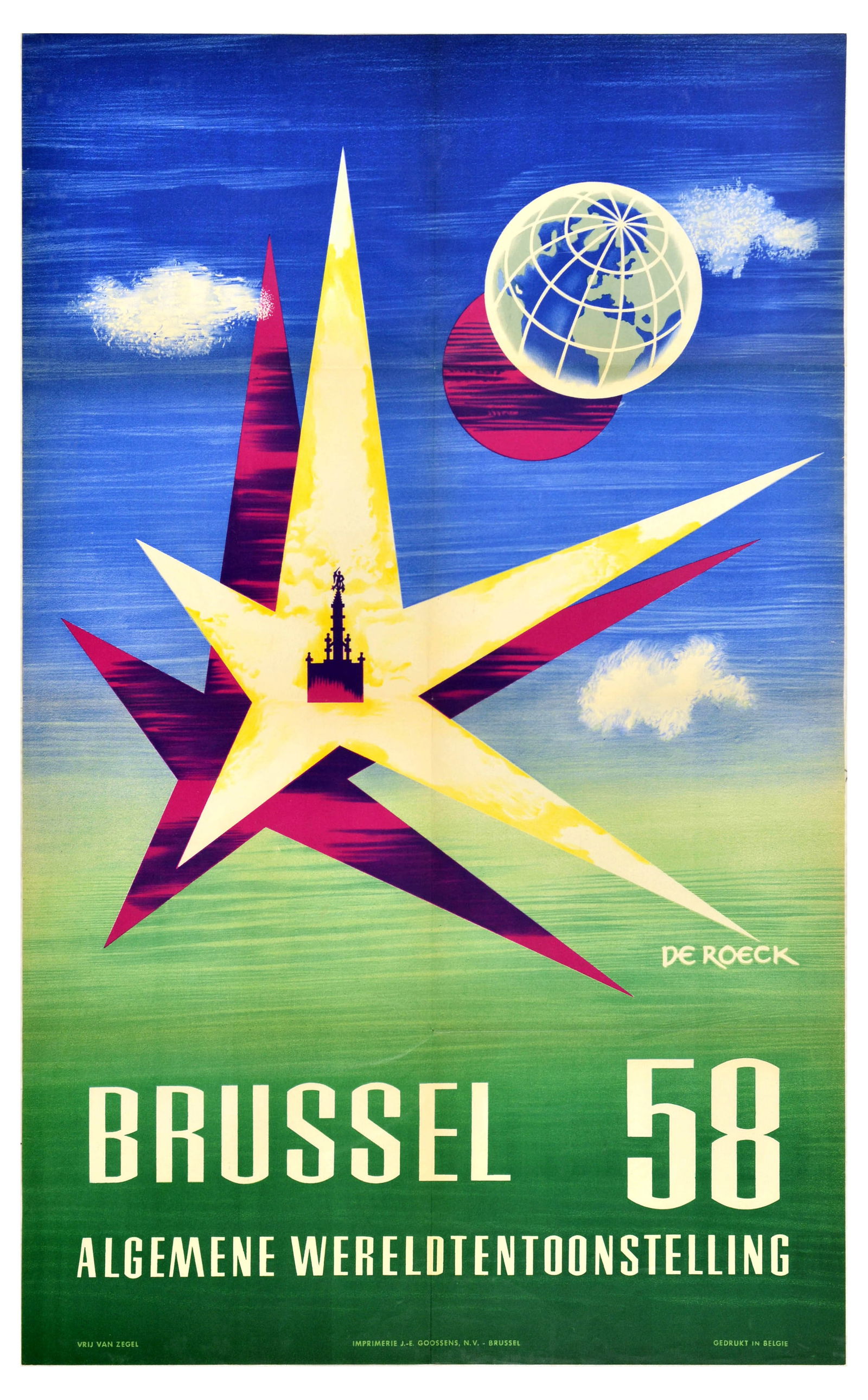 Advertising Poster Brussel 58 World Expo Fair Belgium: Original vintage advertising poster for Brussel 58 Algemene Wereldtentoostelling World's Fair featuring a design by a Belgian artist, type designer, typographer and graphic designer Lucien Theodore De