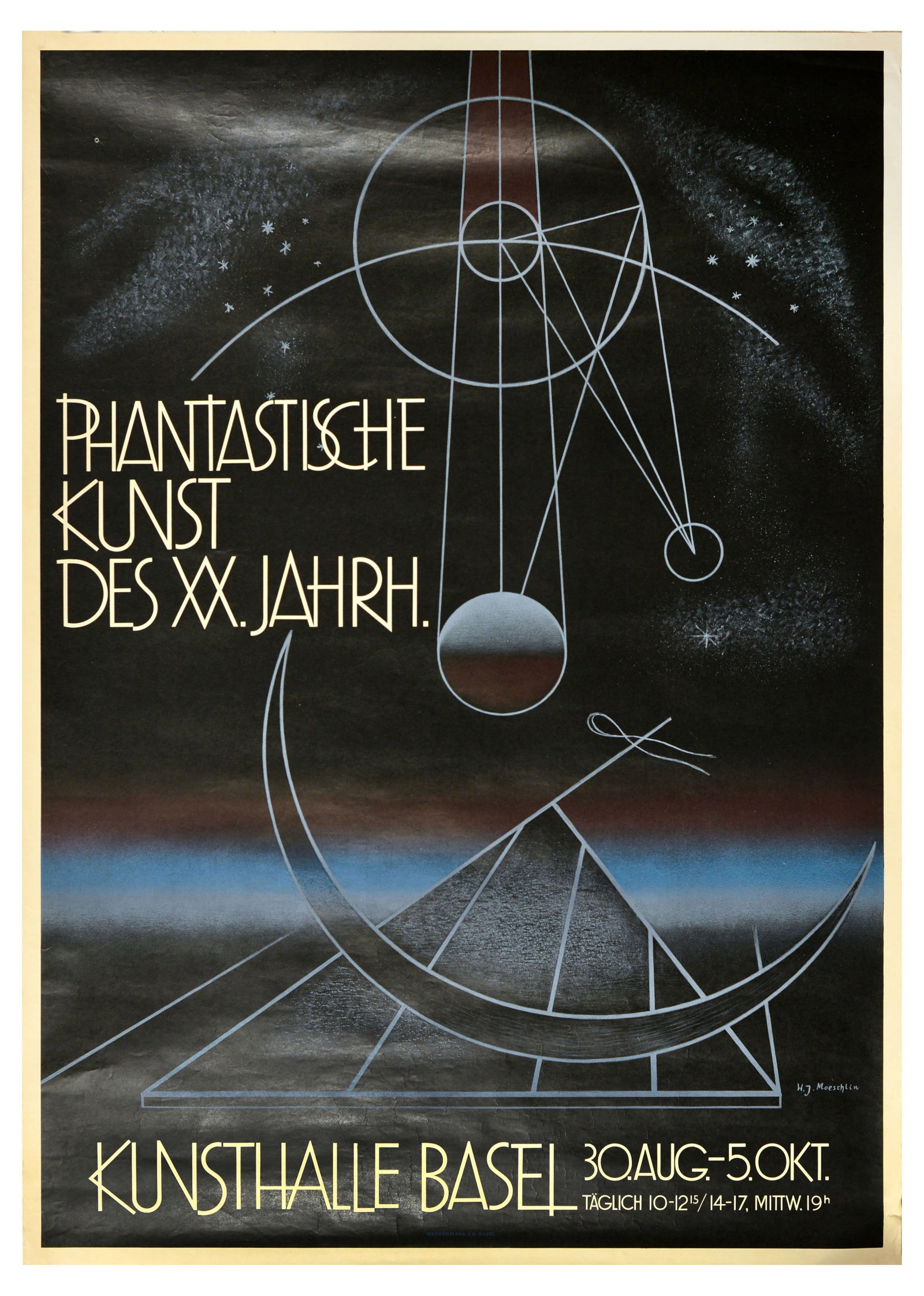 Advertising Poster Fantastic Art Kunsthalle Basel Switzerland: Original vintage advertising poster Phantastische Kunst des XX Jahrh / Fantastic Art of the 20th Century which took place at Kunsthalle Basel from 30 August to 5 October featuring a design by W.J. Moe