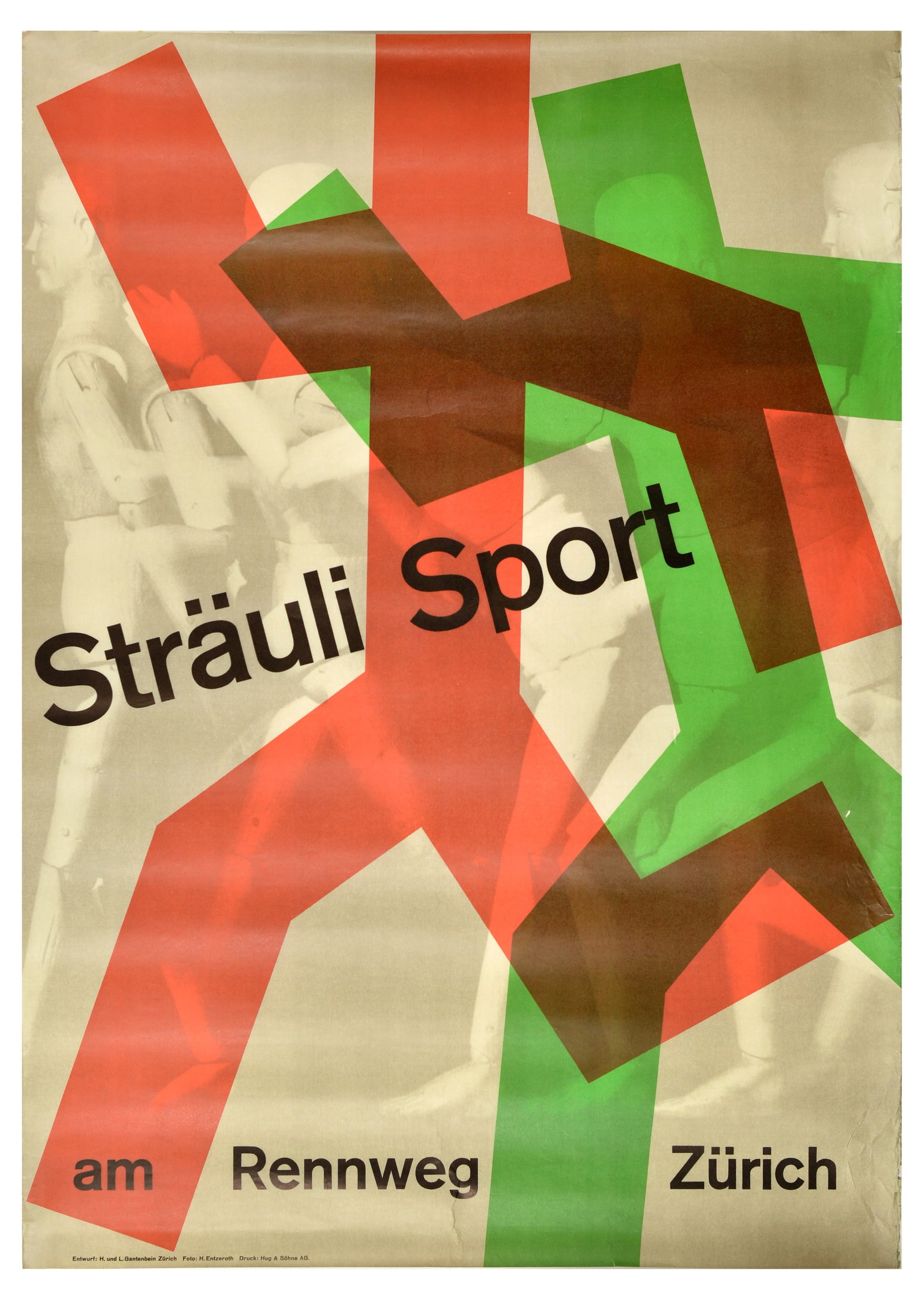 Advertising Poster Strauli Sport Rennweg Zurich Fashion: Original vintage advertising poster Strauli Sport at Rennweg Zurich clothing shop featuring two red and green silhouettes running over a background with an artist's mannequin in light brown colour. La