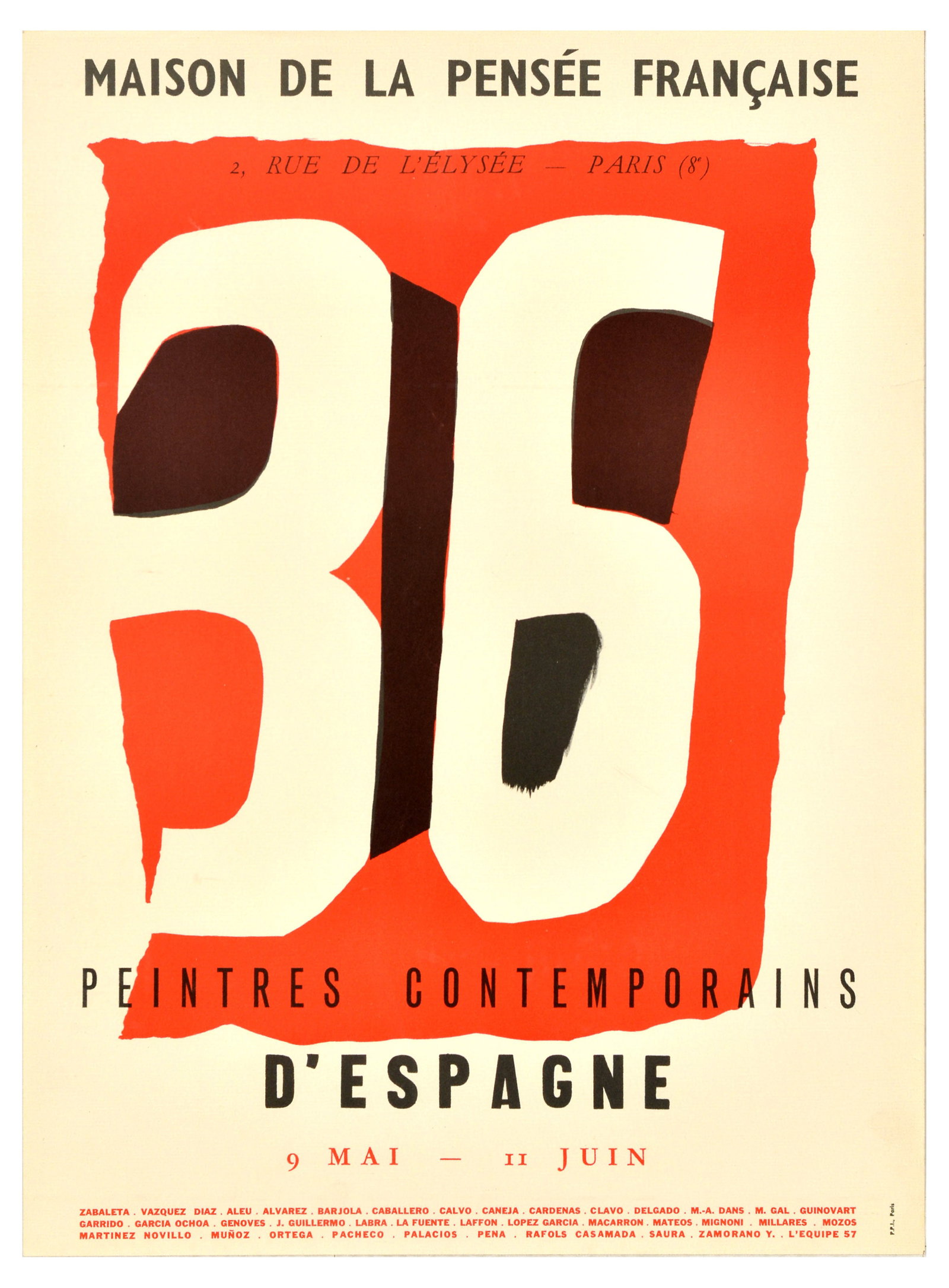 Advertising Poster Spain Contemporary Painters Art Exhibition: Original vintage advertising poster for 36 Contemporary Painters from Spain Maison de la Pensee Francaise exhibition from 9 May to 11 June, featuring the large number 36 set over red background, text 