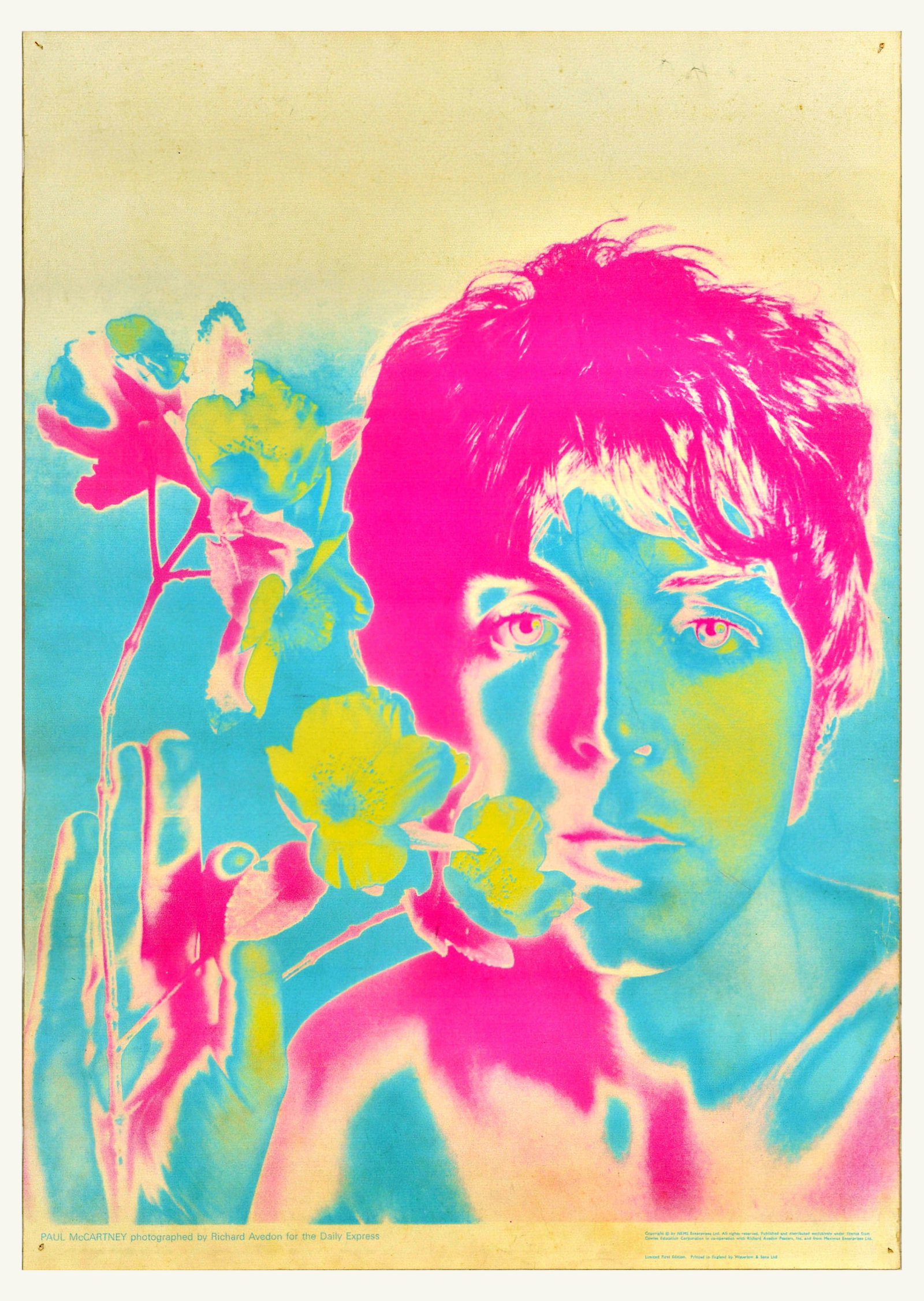 Advertising Poster Beatles Paul McCartney Flower Avedon Daily Express: Original vintage music advertising poster featuring a colourful and psychedelic photo design using a new solarisation technique by the American photographer Richard Avedon (1923-2004) of the Beatles g