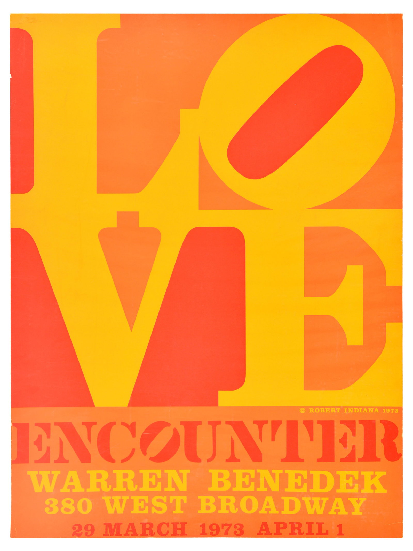 Advertising Poster Love Encounter Robert Indiana Warren Benedek: Original vintage advertising poster for Encounter exhibition at Warren Benedek gallery from 29 March to 1 April 1973 featuring the iconic design by an American pop art artist Robert Indiana (1928-2018