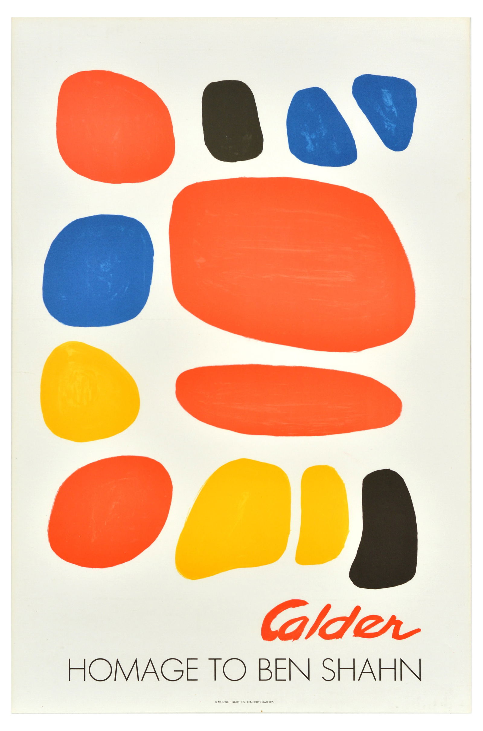 Advertising Poster Homage To Ben Shahn Calder: Original vintage advertising poster Homage to Ben Shahn featuring a colourful design by Alexander Calder (1898-1976) in orange, blue, black and yellow set over a light background. Ben Shahn (1898-1969