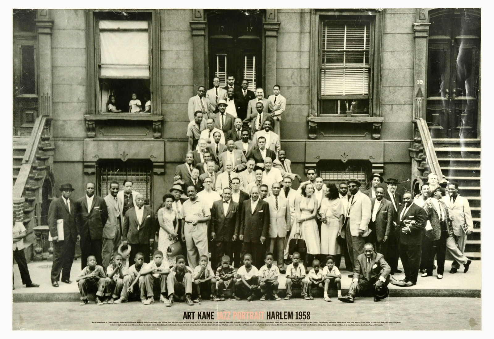 Advertising Poster Art Kane Jazz Portrait Harlem 1958: Original vintage music advertising poster Art Kane Jazz Portrait Harlem 1958, features a photograph also called A Great Day in Harlem or Harlem 1958, and considered to be the most iconic photograph in