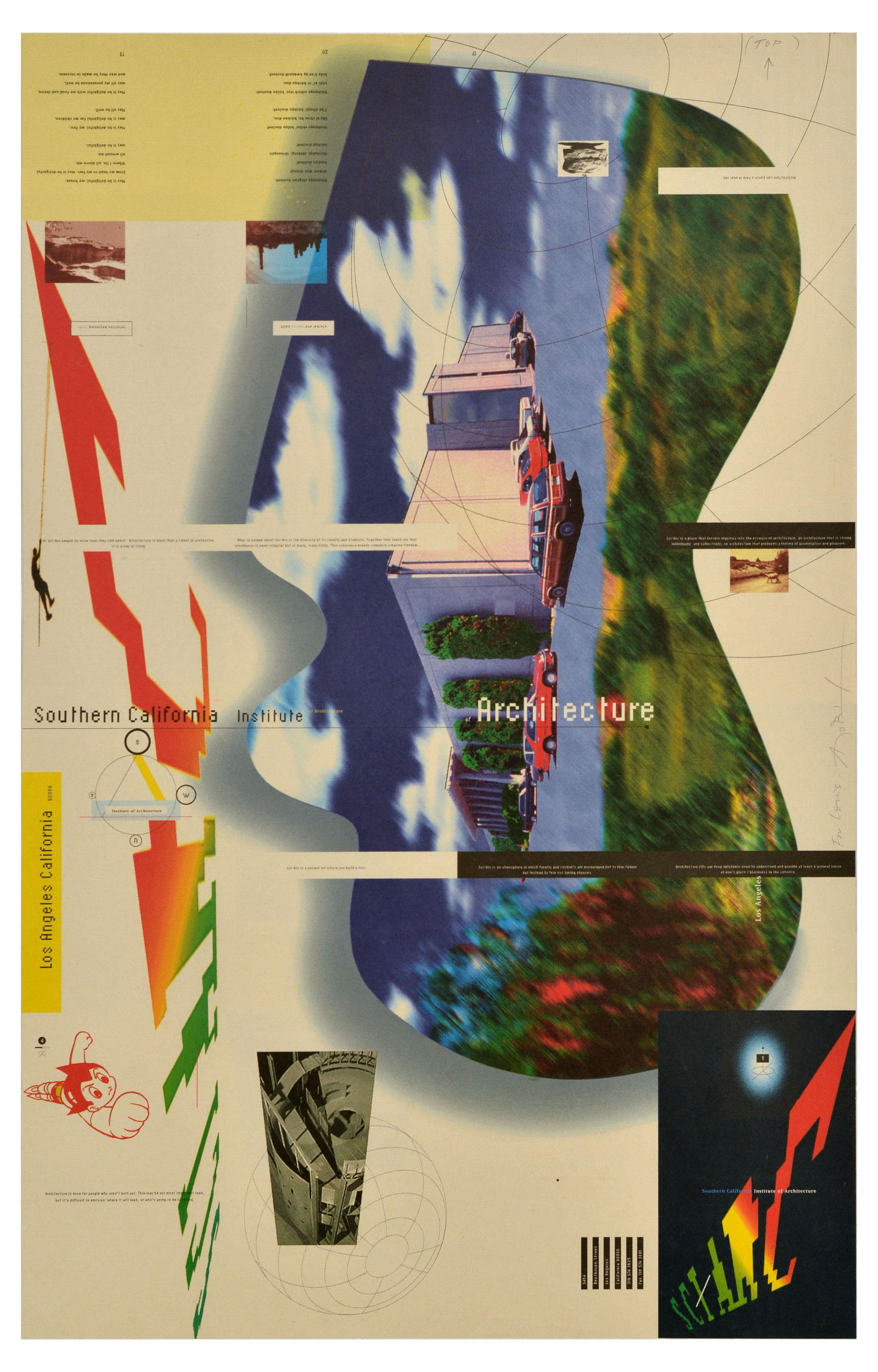 Advertising Poster Architecture Southern California Institute: Original vintage advertising poster brochure for Southern California Institute of Architecture (SCI-Arc), featuring a collage of various images of buildings, nature, cartoons, shapes, quotes, and info
