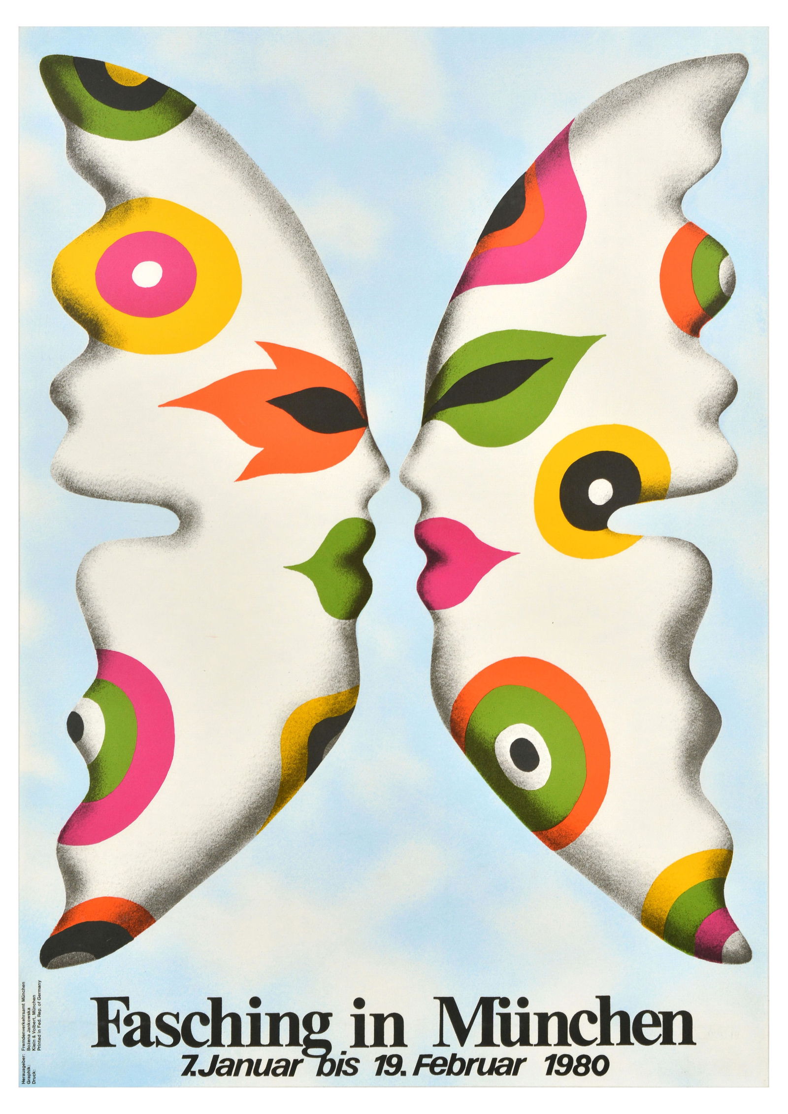 Advertising Poster Fasching In Munchen Carnival 1980 Butterfly Mask: Original vintage advertising poster for Fasching in Munchen carnival from 7 January to 19 February 1980, the poster features two masks in green, orange, pink, yellow and white colour facing each other