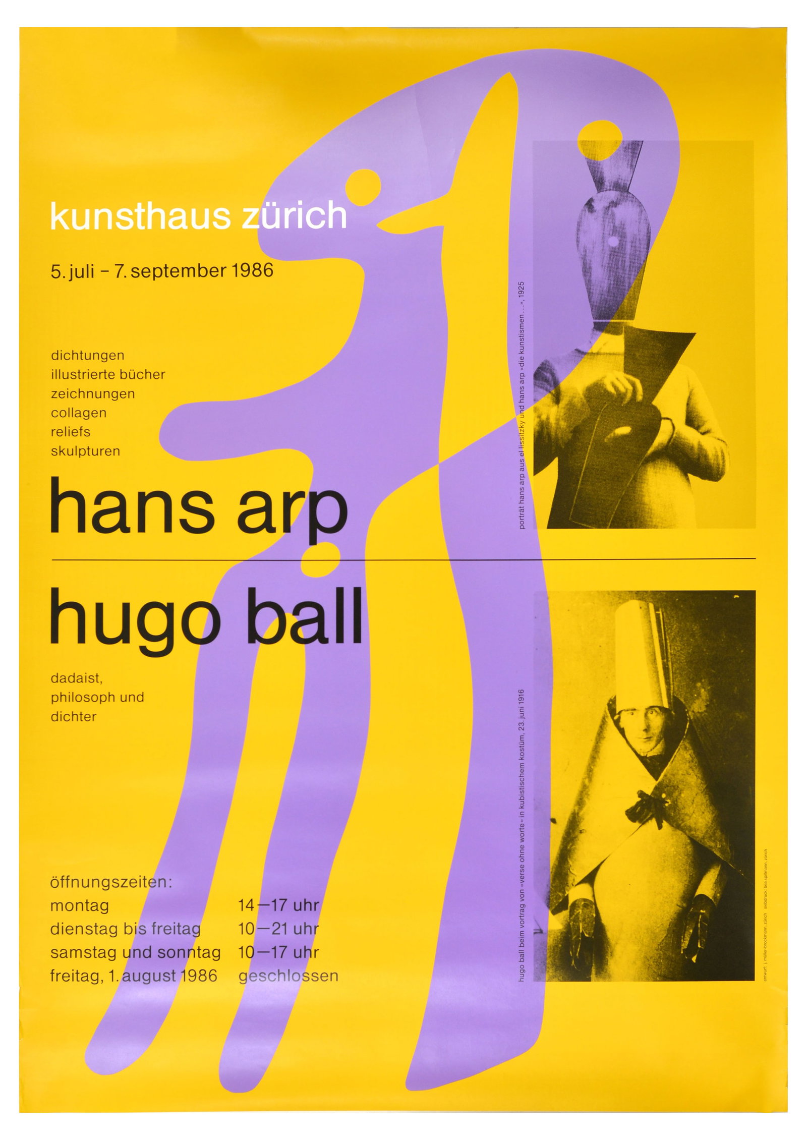 Advertising Poster Hans Arp Hugo Ball Kunsthaus Zurich Art Exhibition: Original vintage art exhibition poster for Hans Arp and Hugo Ball artwork exhibition at Kunsthaus Zurich which took place from 5 July to 7 September 1986, the poster features a 1925 portrait of Hans A