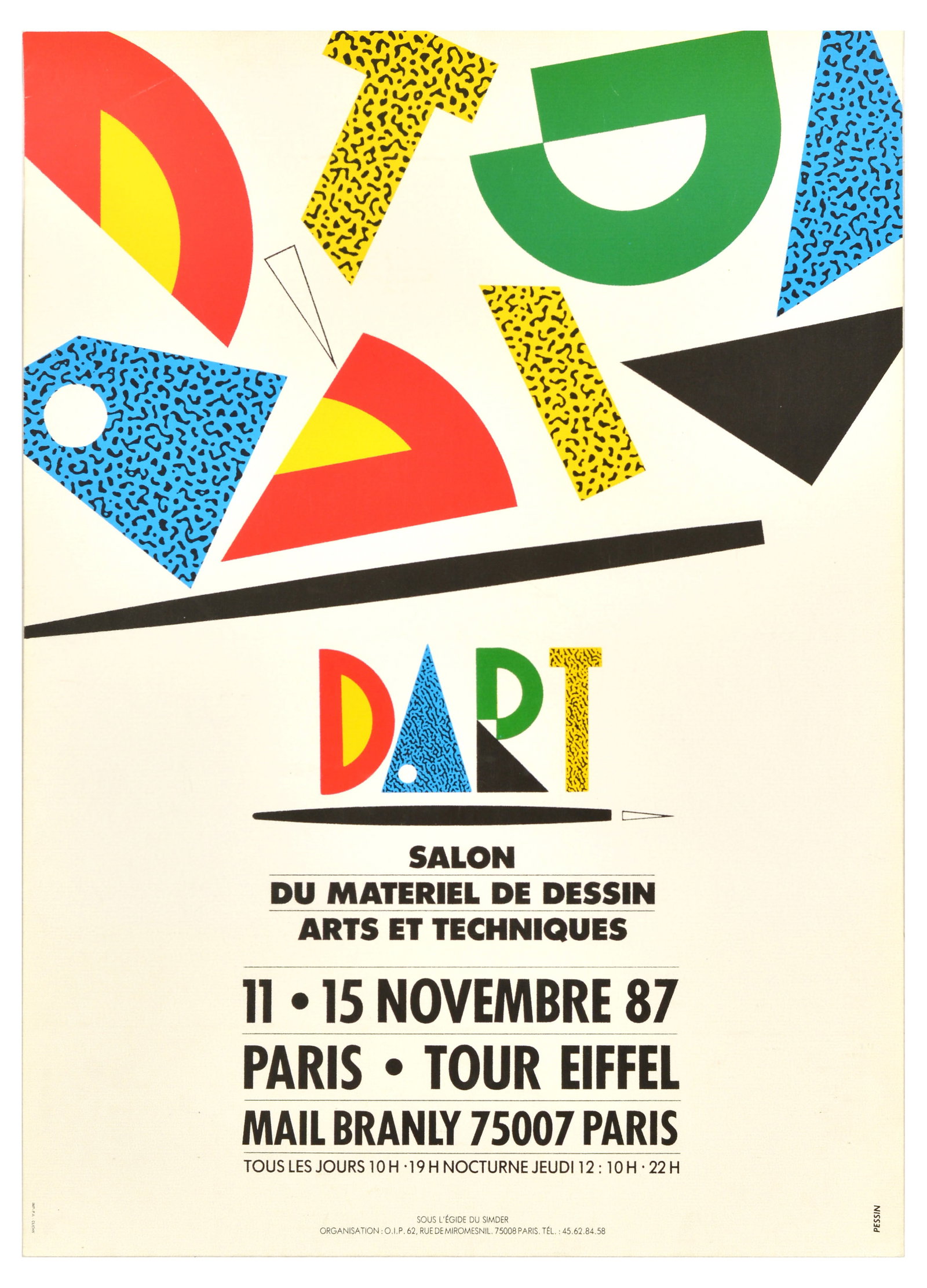 Advertising Poster Dart Exhibition Arts And Techniques Drawing Material: Original vintage advertising poster for Dart Exhibition of Arts and Techniques Drawing Material / Dart Salon du Materiel de Dessin Arts et Techniques, from 11-15 November 1987 featuring a colourful il
