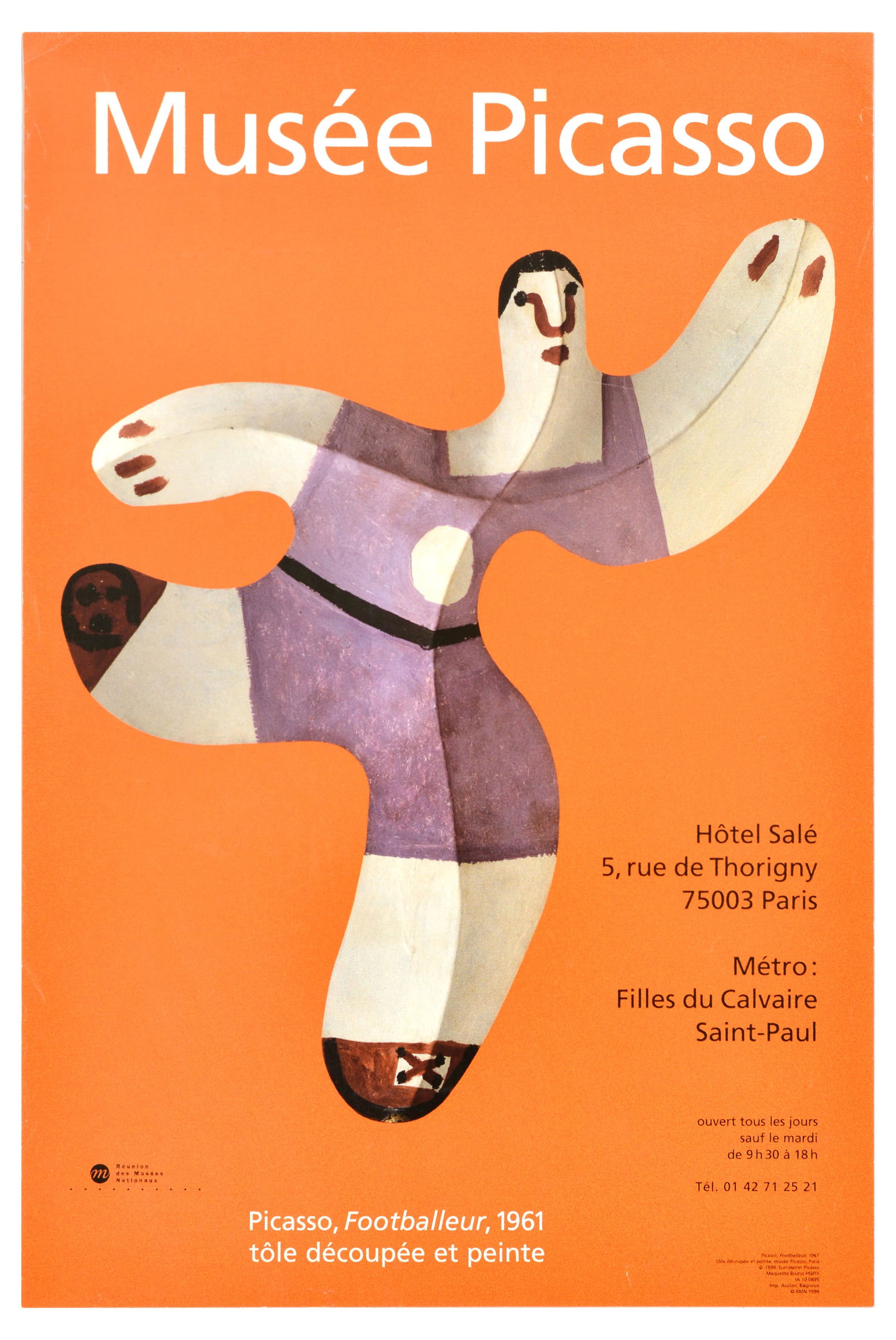 Advertising Poster Pablo Picasso Footballeur Art Museum: Original vintage advertising poster for an art museum Musee Picasso featuring Footballeur, a 1961 cut and painted sheet metal depicting a football player set over an orange background. Musee Picasso i