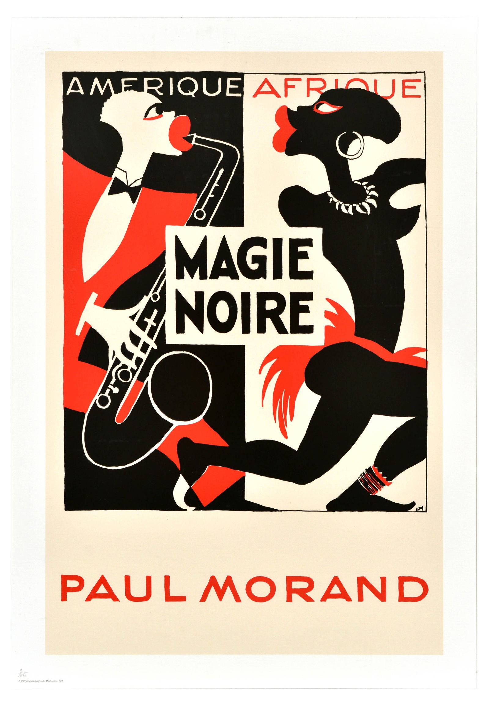 Music Poster Set Jazz Magie Noire Black Magic Paul Morand Philips Paul Colin: Set of three reproduction posters related to Jazz music. 1. 1928 Magie Noire poster advertising Paul Morand's book, the poster features an illustration of a jazz musician playing the saxophone and a t