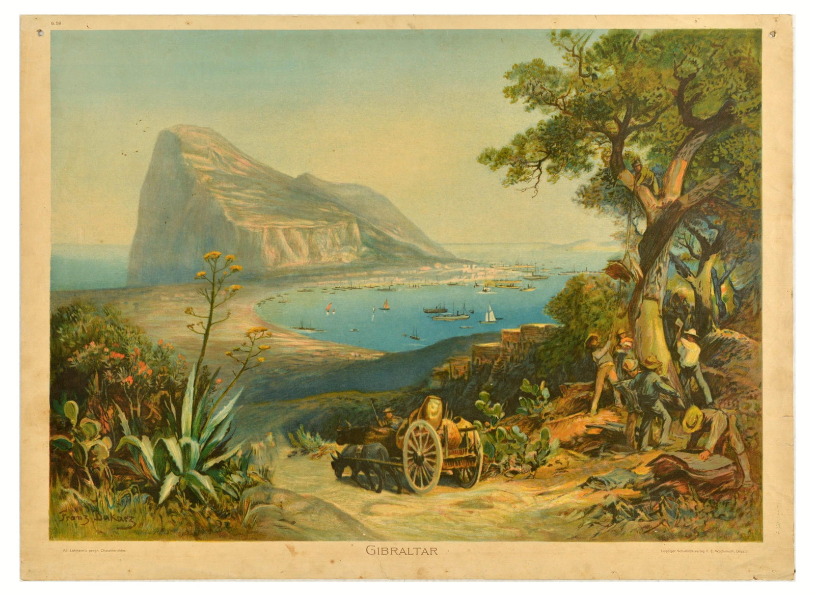 Travel Poster Rock of Gibraltar Franz Bukarz Chromolithograph: Original antique chromolithograph educational poster for Gibraltar featuring an illustration by Franz Bukarz depicting harvesting of a cork oak tree, an ox and a donkey pulling a car with large jugs a
