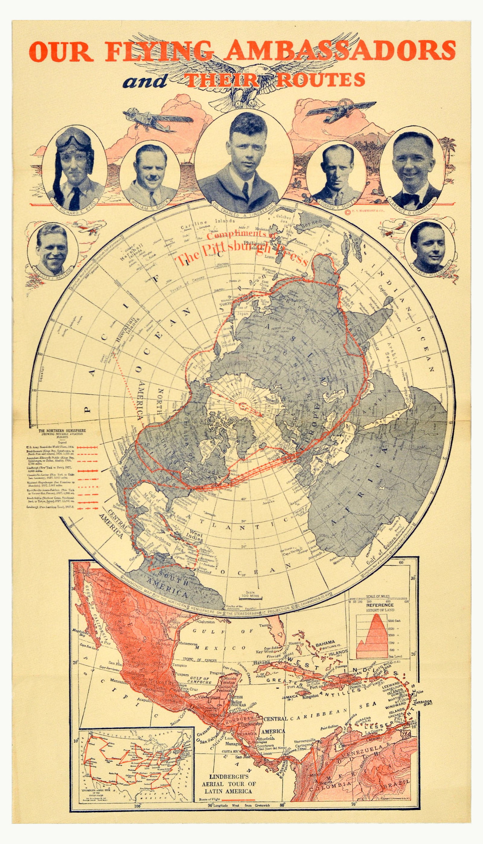 Travel Poster Flying Ambassadors Lindbergh Pilot Routes USA Aviation: Original vintage poster - Our Flying Ambassadors and their routes - featuring a map of the Northern Hemisphere showing notable aviation flights and Lindbergh's aerial tour of Latin America, with image