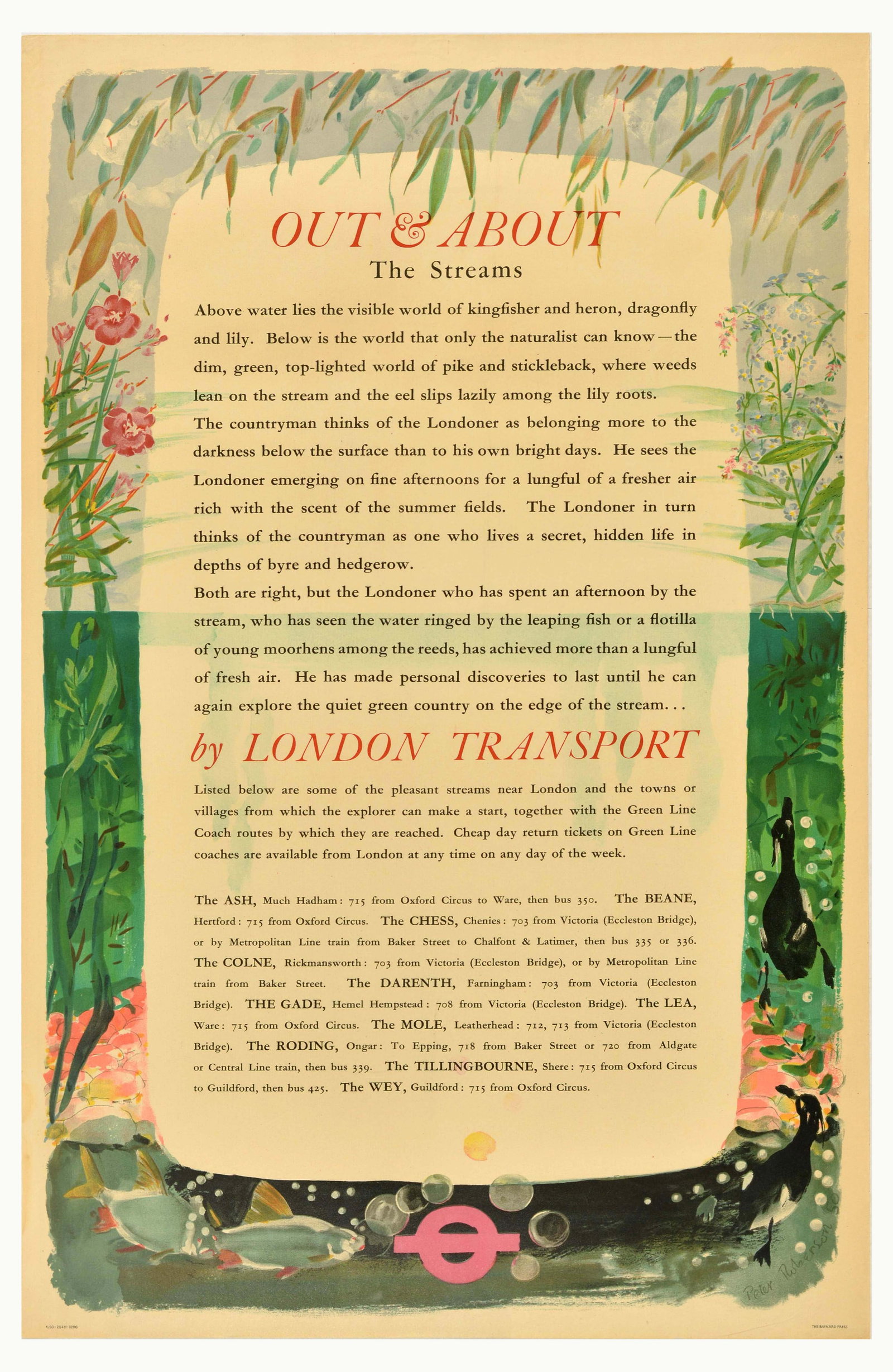 Travel Poster London Underground Out And About The Streams Peter Roberson: Original vintage London Transport poster - Out & About by London Transports The Streams - featuring an illustration of flowers, plants, ducks and fish with a pink London Transport roundel around a tex