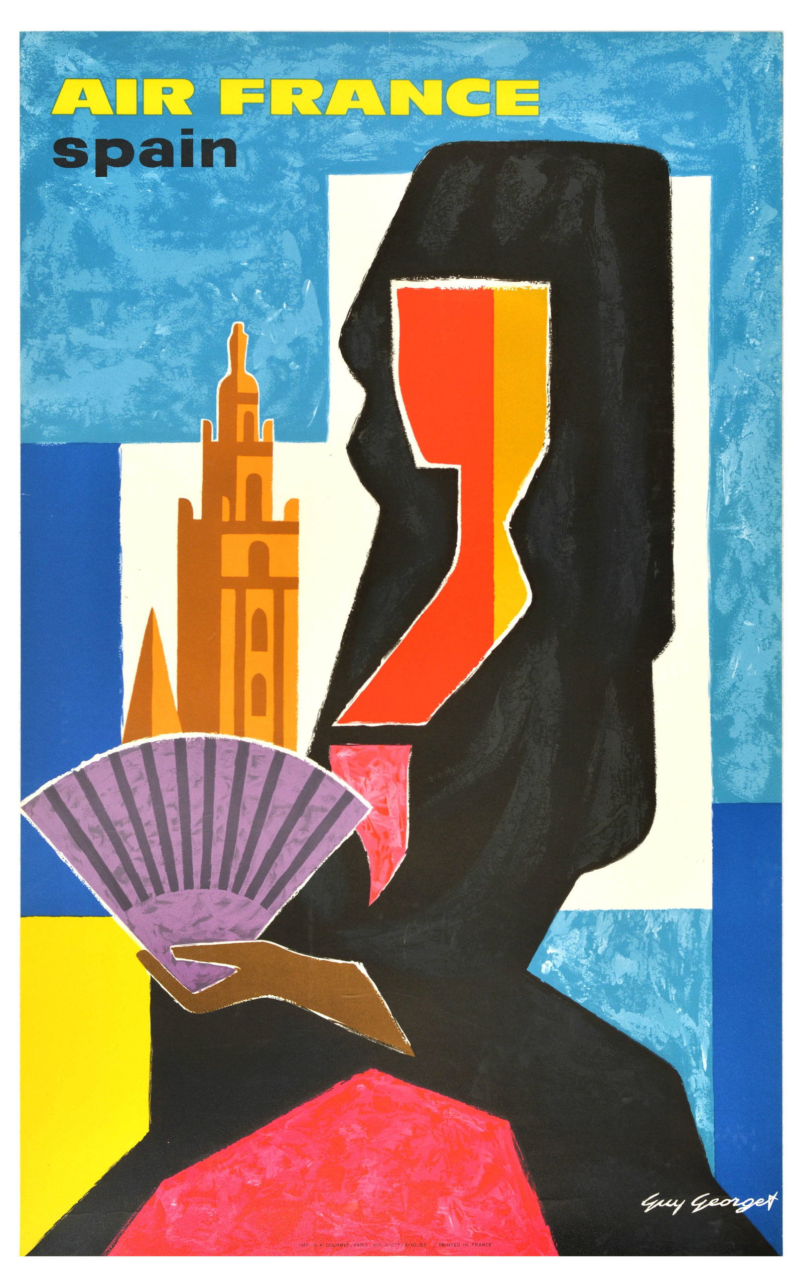 Travel Poster Air France Spain Guy Georget: Original vintage travel advertising poster for Spain by Air France featuring a stunning colourful design by Guy Georget (1911-1992) depicting a lady in a red and black dress with a mantilla headdress 