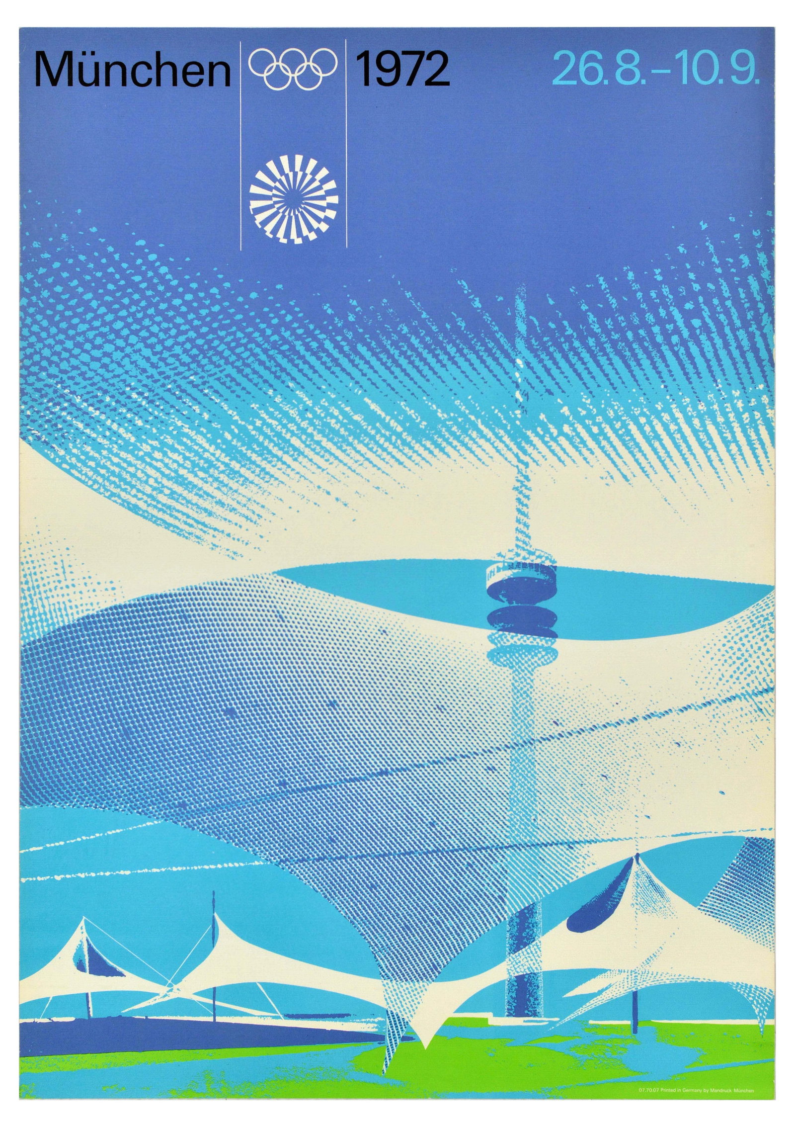 Sport Poster Munchen 1972 Munich Olympic Games Olympiad: Original vintage sport poster promoting the 1972 Summer Olympic Games in Germany featuring a great design showing the Olympic Tower with sun tents below set over a blue background. The Games of the XX