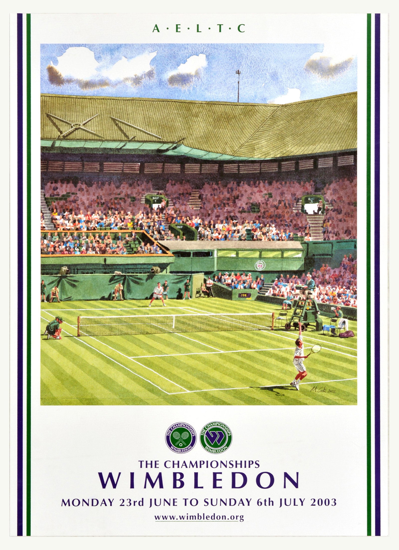 Sport Poster Tennis Championships Wimbledon 2003 LTA: Original vintage sport poster for the Wimbledon Tennis Championships that took place between 23rd June and 6th July 2003 - Illustration by Matthew Cook features a men's singles match during a serve wi