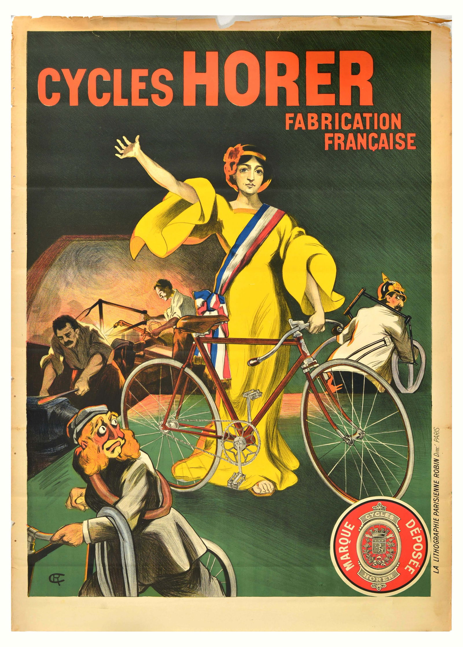 Advertising Poster Cycles Horer French Bicycles WWI: Original antique advertising poster for Cycles Horer bicycles featuring a patriotic illustration of a lady resembling the symbol of France Marianne in a yellow dress with a French flag colour sash acr