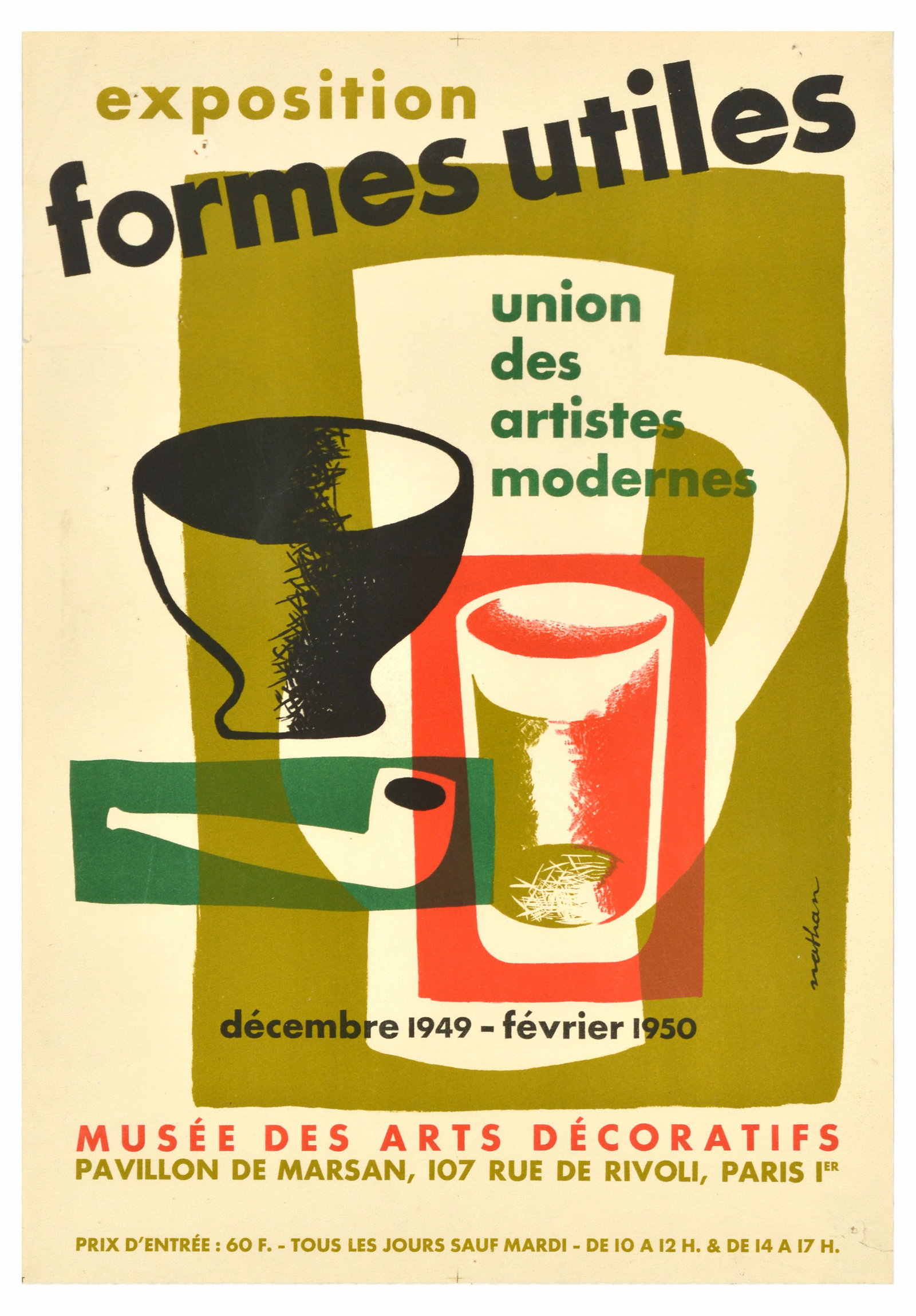 Advertising Poster Formes Utiles Art Exhibition Musee Des Arts Decoratifs: Original vintage advertising poster for Formes Utiles / Useful Forms by the Union of Modern Artists from December 1949 to February 1950 at the Musee Des Arts Decoratifs in Paris, featuring a design sh