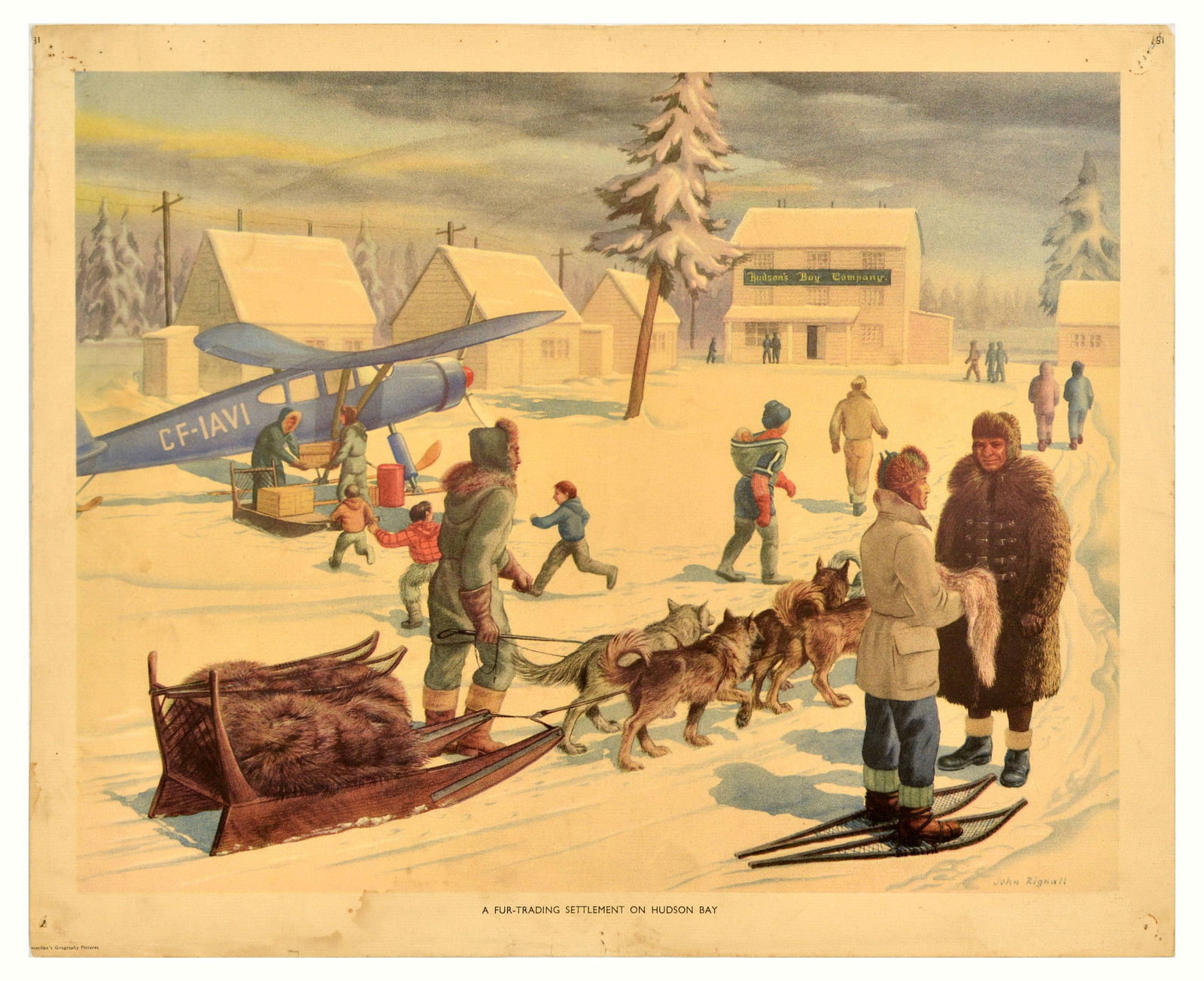 School Education Poster Set Fur Trading Mink Farming Canada Hudson Bay: Set of 2 original vintage educational posters from the Macmillan's Geography Pictures series. 1. A fur-trading settlement on Hudson Bay - featuring an illustration of people in thick winter clothes an