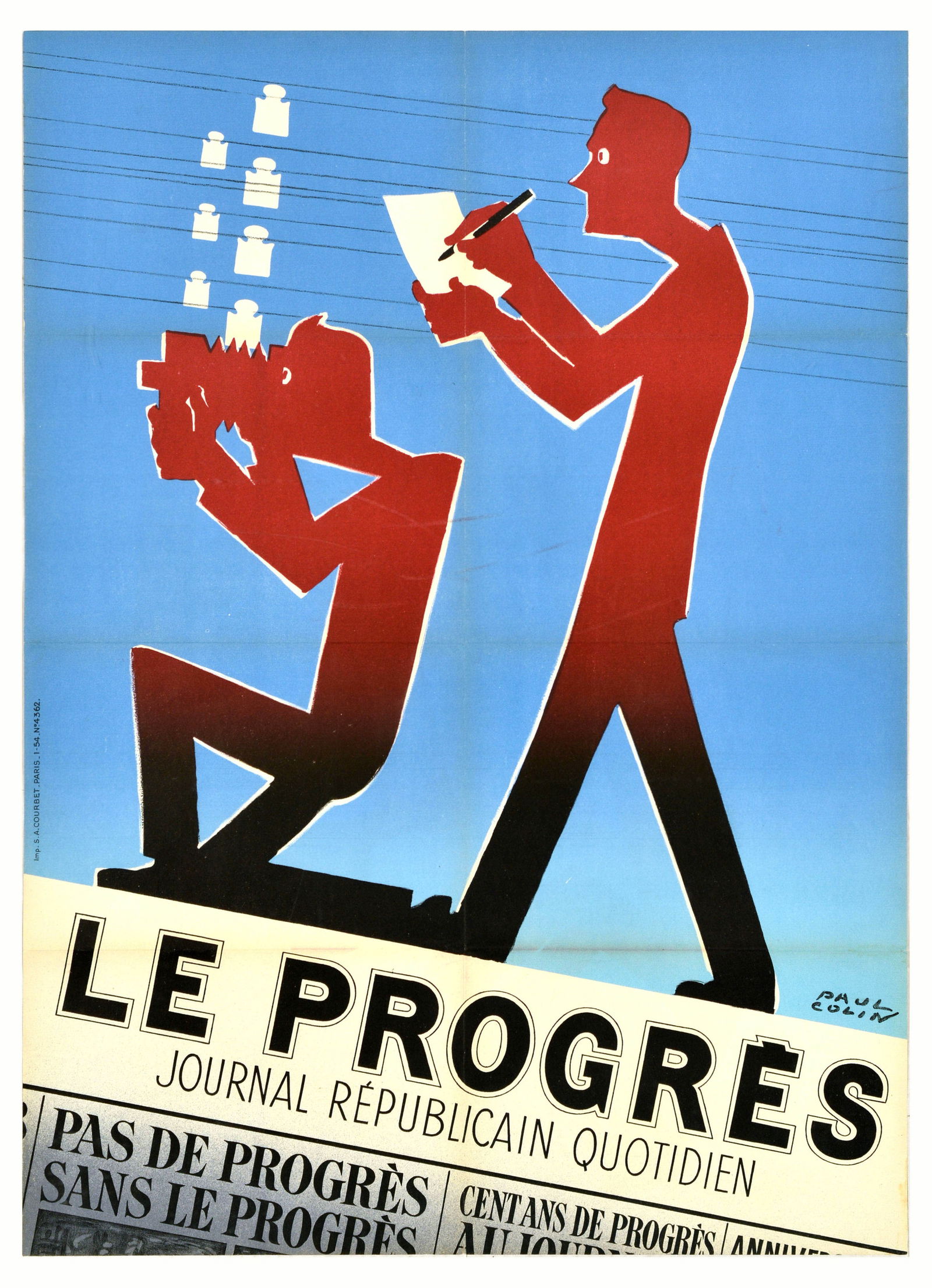 Advertising Poster Le Progres Paul Colin Daily Republican Magazine: Original vintage advertising poster for Le Progres Journal Republican Quotidien daily Republican magazine featuring an illustration by the notable French graphic artist Paul Colin (1892-1986) showing