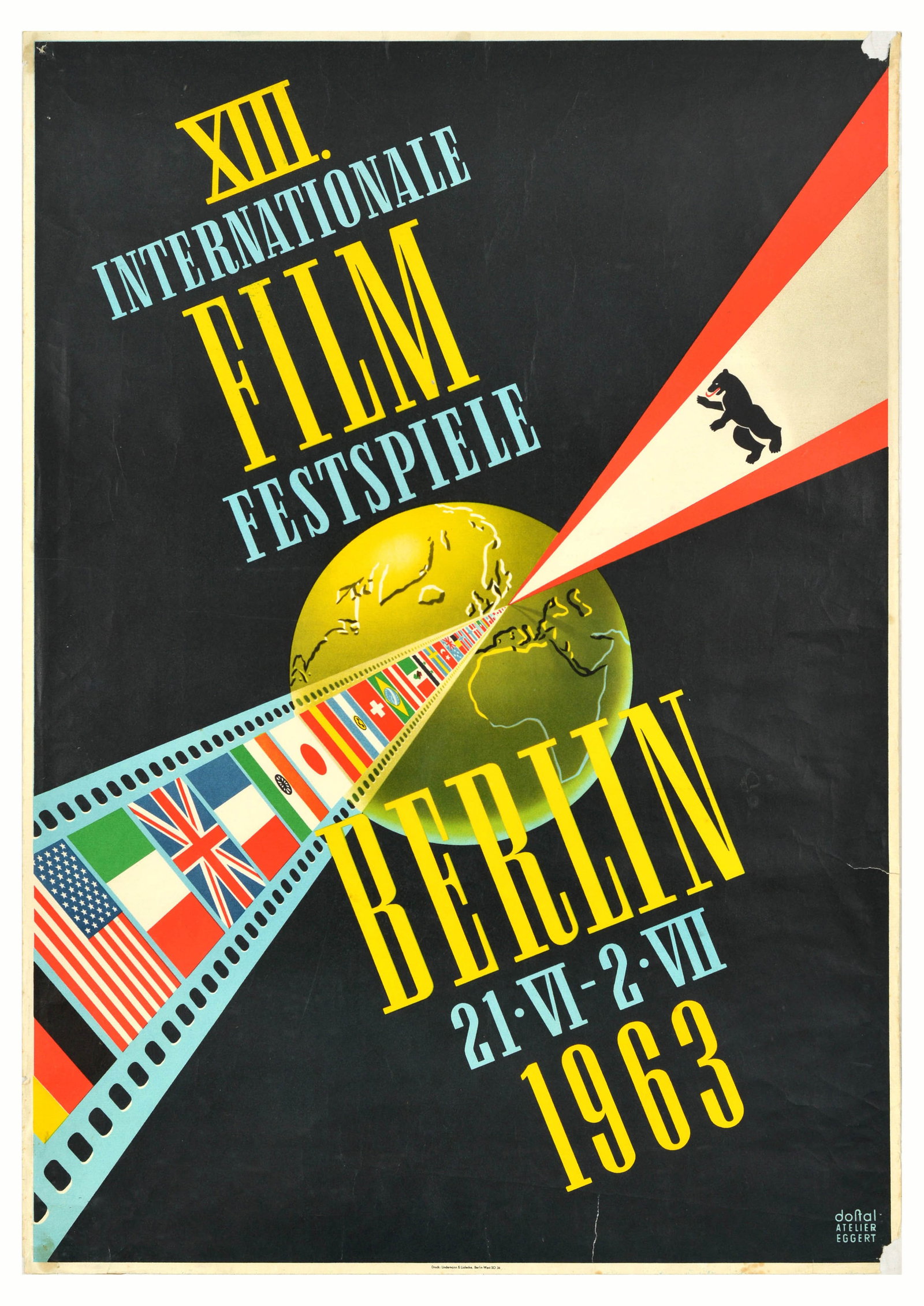 Advertising Poster Berlin International Film Festival 1963: Original vintage advertising poster for the XIII Internationale Film Festspiele Berlin International Film Festival held from 21 June to 2 July 1963 featuring a dynamic and colourful illustration depic